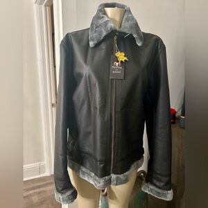Black Leather Jacket with Gray Fur Trim
